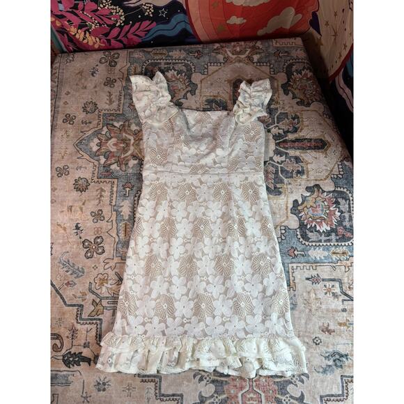 Hello Molly Lace Dress Nude Mini Ruffle Off Shoulder Vacay Bachelorette Formal - Picture 1 of 7